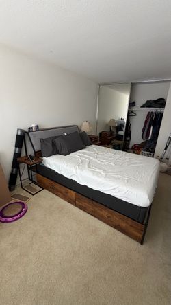 Queen Bed mattress, Frame with Headboard/underbed storage