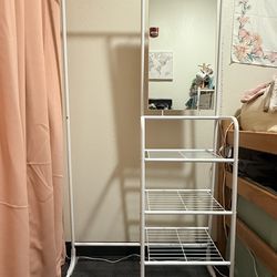 White Vanity w/ Mirror + Shelves + Hanging Rack (Good Condition)