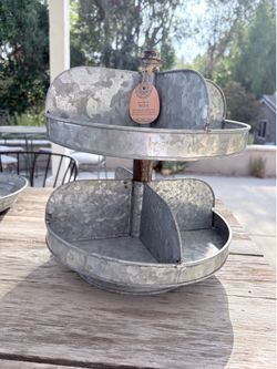 Never used - tag still on Rustic Galvanized Metal 2-Tier Divided Serving Tray / Stand