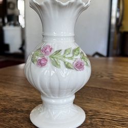 Gorgeous Irish Belleek Ribbon Spill Flower Vase Applied Pink Roses