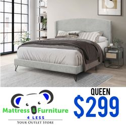 Light Grey Queen Size Fabric Wing Back Platform Bed