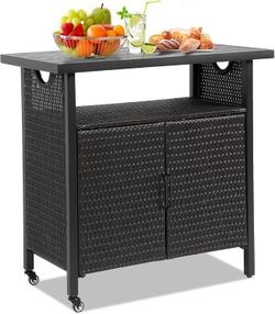 Outdoor Bar Table Featuring Storage Cabinet: Wheeled Patio Serving Carts, Wicker Grill Cart Prep Station & Rolling Kitchen Island for Patio, Backyard 