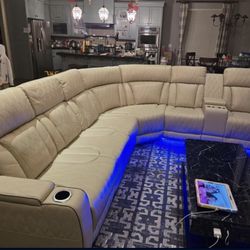 Power Electric Beige Fully Reclining Sectional Couch 