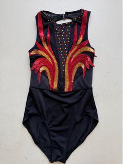 Custom embellished and rhinestones Black Balera Leotard with Red and Gold Gem Accents