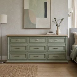 Sage Green & Natural Wood Top 9-Drawer Dresser/buffet/tv Cabinet 