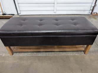 Dark Brown Tufted Storage Bench with Wood Base and Shelf