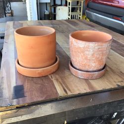 Two 5” Terracotta Planters With Attached Sauce- 1 Smooth & 1 Textured (Both For $10)