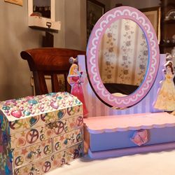 Really Cute Girls Princess TableTop Vanity Wood and Plastic Mirror (scratches) and a Cute Music box  With Goodies Inside