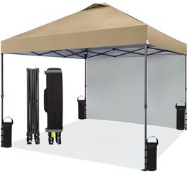 Brand new 10X10Ft Pop Up Canopy Tent with 1 Sidewall, Portable Instant Commercial Canopy Patio Tent with Vented Top Roller Bag 4 Sandbags 4 Ropes