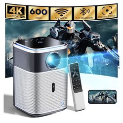 HHD 4K Projector with Wifi and Bluetooth, . Support Full HD 1080P Video, 600ANSI, Zoom 400”Max, NEW