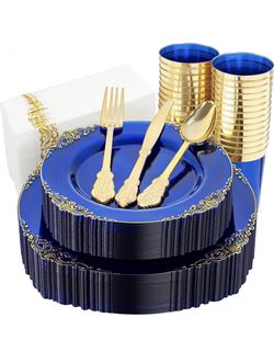 350 pcs Clear Blue Plastic Plates - Plastic Dinnerware Set Include 50-Dinner Plates, 50Dessert Plates, 50 Clear Blue Plastic Plates - Plastic Dinnerwa