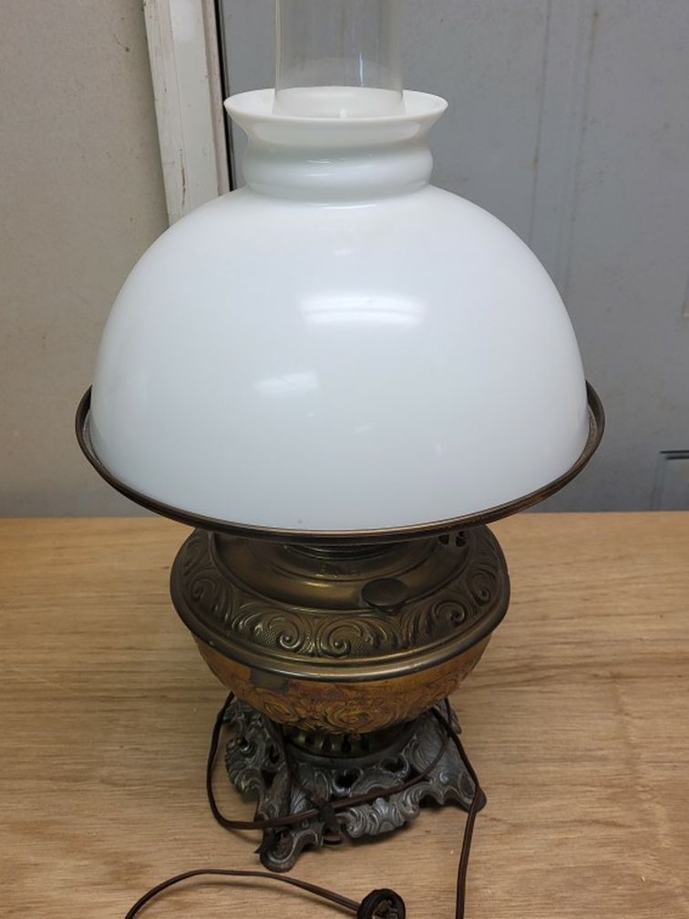 Antique Electrified Oil Lamp w/cast Iron Base