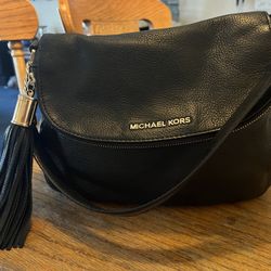 Michael Kors Black Leather 3 Large Section Purse With Big Tassel 
