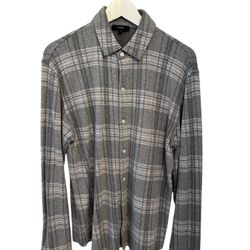 Vince Men's Plaid Slub Cotton Linen Button-Up Shirt Heather Gray, Size M