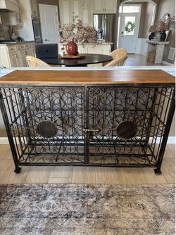 Wrought Iron and Wood Wine Storage Cabinet