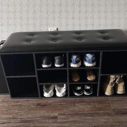 Shoe Bench, Ten Cubbies Storage Entryway Bench with PU Leather, Cubby Shoe Rack Organizer P-16