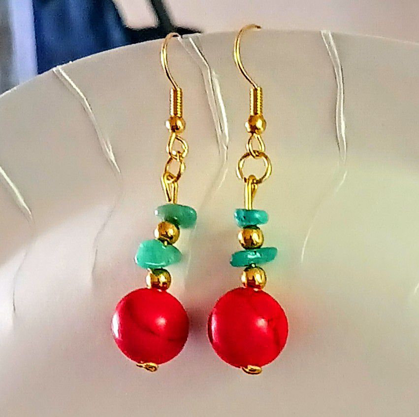 Natural Stone Red Line Turquoise/ Aventurine Earings