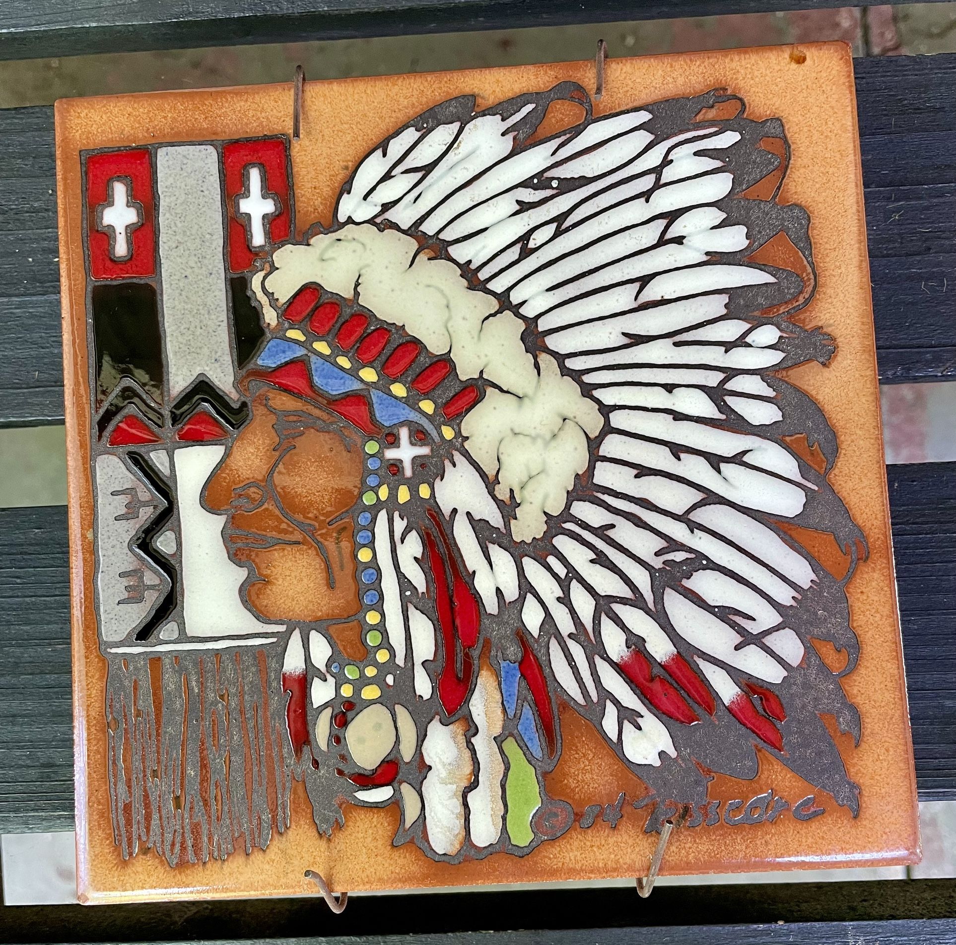 Cleo Teissedre Ceramic Tile Art Signed Native Chief Southwest Wall DecorTrivet