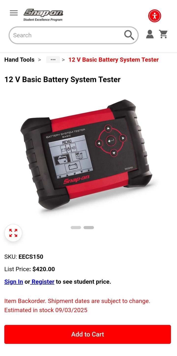 Snap On Tools 12 V Basic Battery System Tester EECS150