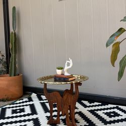 Mid Century Hand Carved Wooden Camel Base With Etched Brass Table Top Side Table . 