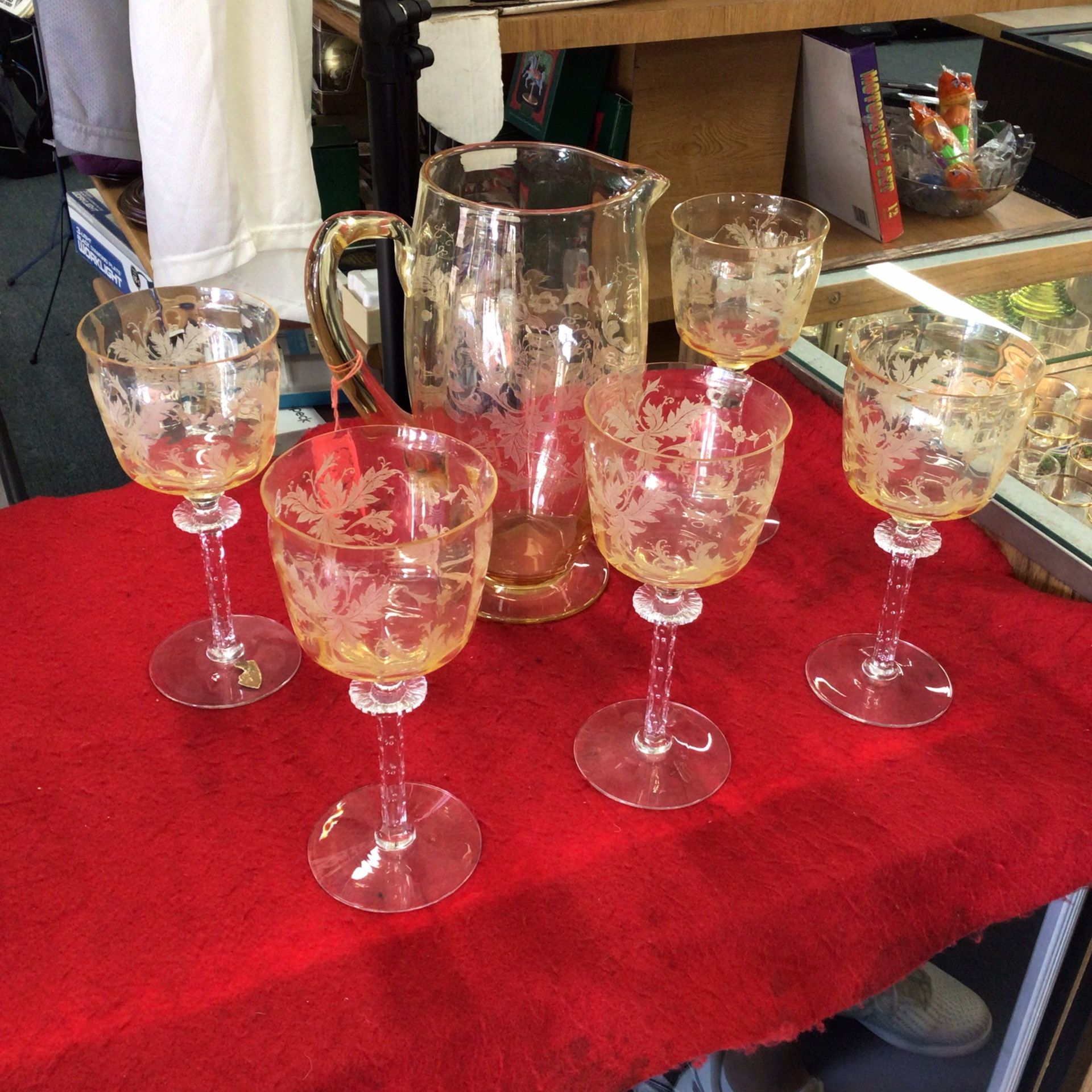 Elegant Vaseline Glass Tiffin - Franciscan Cadena Etched Amber Water Goblet (5) and Vase 💵  💳  💵  Cash and Card Accepted