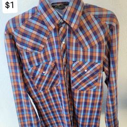 Rusty orange and blue blouse. Collar button up top. Checkered Long Sleeve. Blusa 