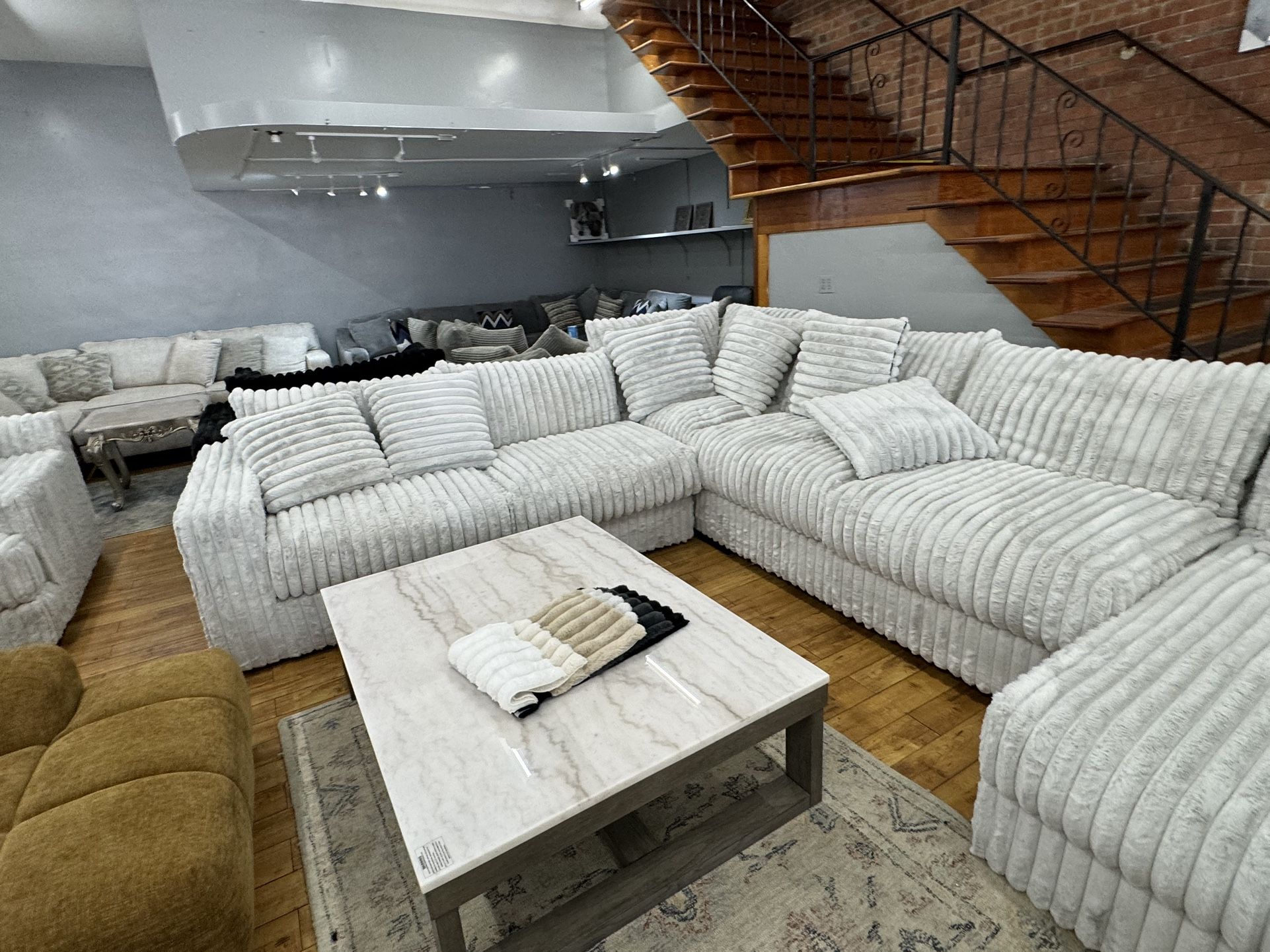White And Gray Plush Sectionals