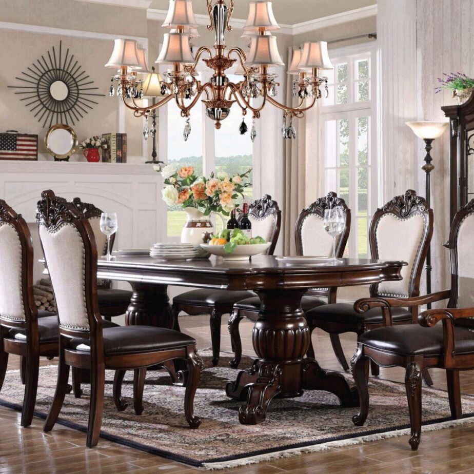 New 7 PC Formal Traditional Style Brown Cherry Finish Wood Dining Table Set