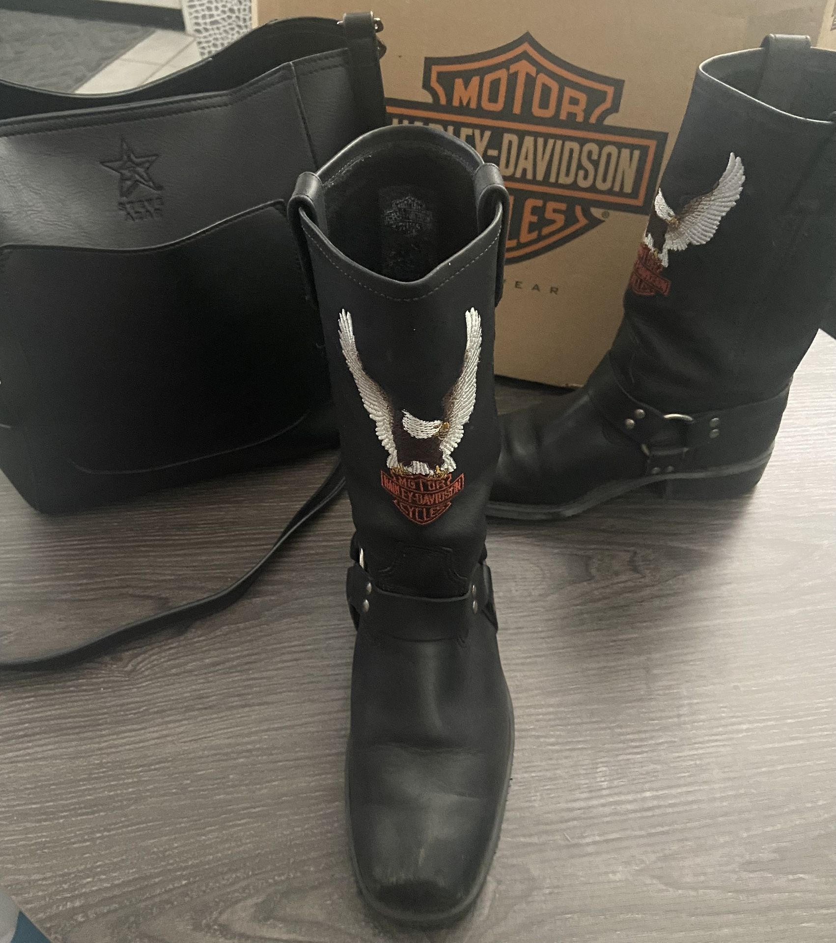 Vintage Harley Davidson Leather Boots , Leather Bag, Belt
