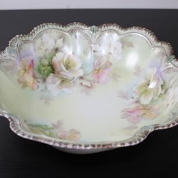 RS Prussia Antique Large Serving Bowl Red Mark Scalloped Rim Flowers