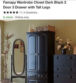 Famapy Wardrobe Closet Black 2 Door 3 Drawer Tall New