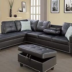 Black Leather Sectional Couch With drop Down Table 
