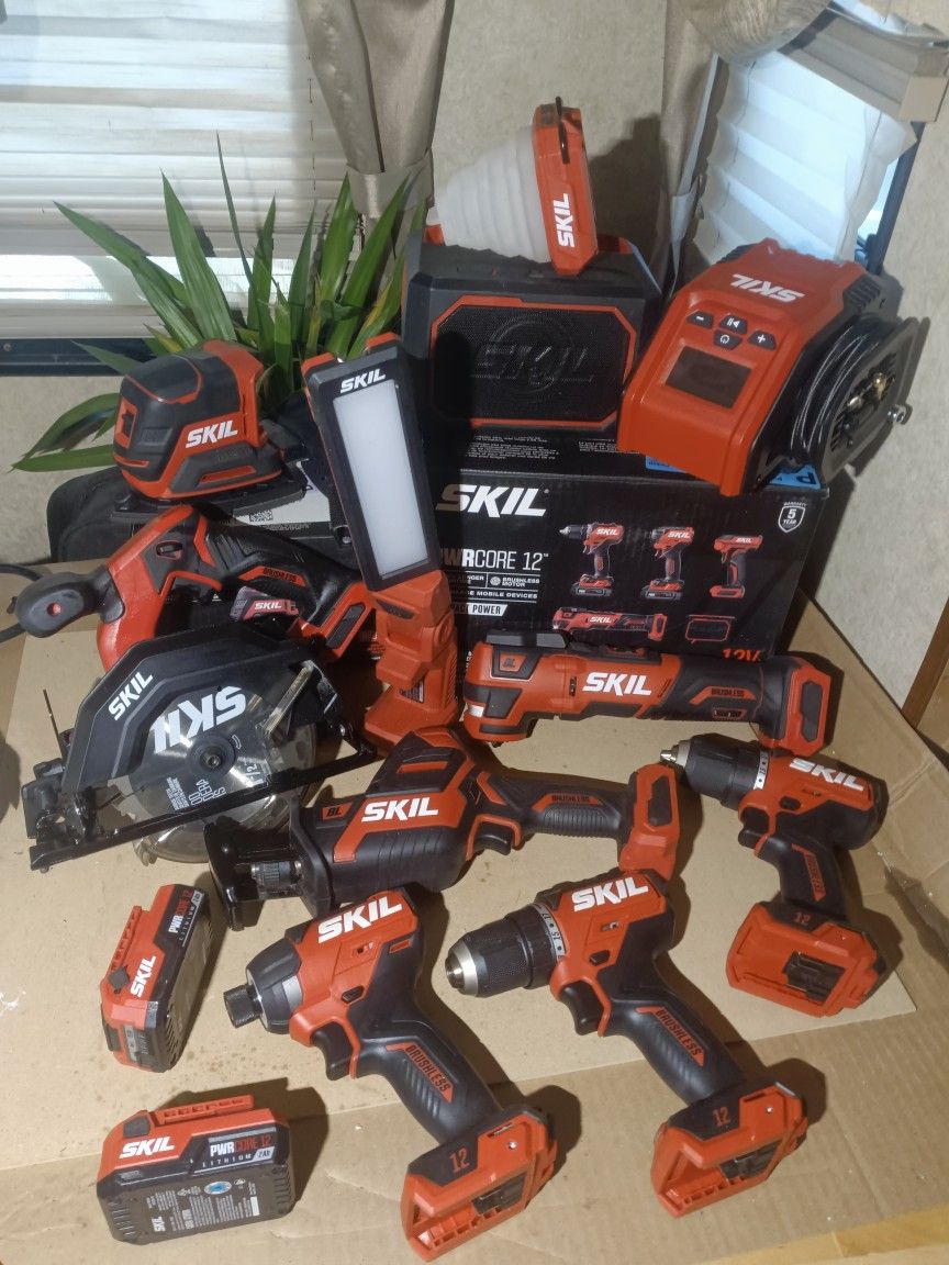 Skil Power Tool Lot New Drills Circular Saw Sawzall Air Compressor Multi Tool Bluetooth Stereo Sander