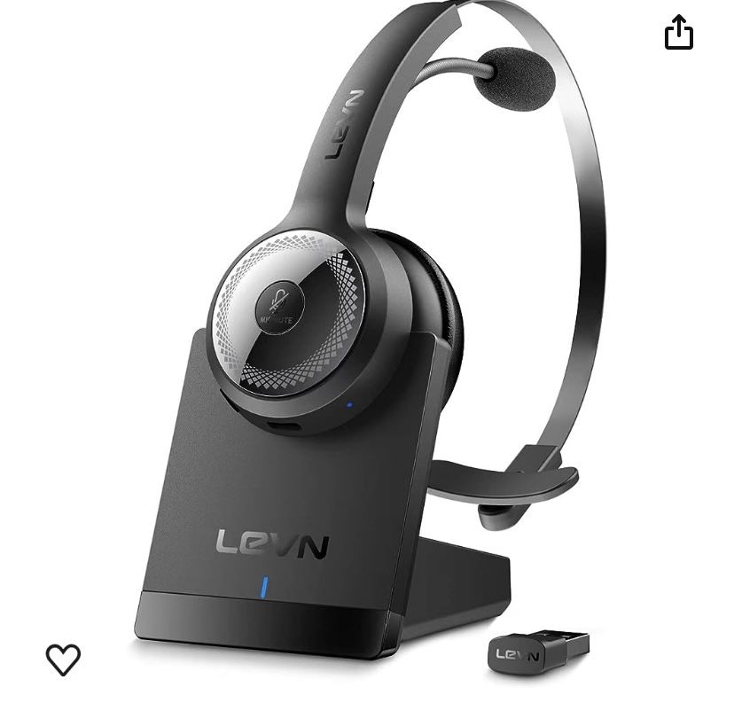 LEVN Bluetooth 5.0 Headset, Wireless Headset with Microphone (AI Noise Cancelling), 35Hrs Bluetooth Headphones with USB Dongle for PC, Suitable for Re