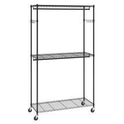 Black Wire Garment Rack with Shelves and Wheels