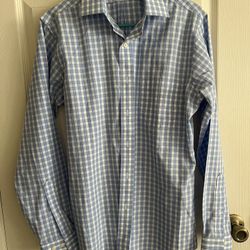 Men’s size 15-4/5 Brooks Brothers blue plaid button up shirt slim fit Jeans 