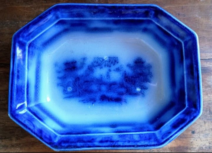 Antique Octagonal Flow Blue Vegetable Dish by John Wood,