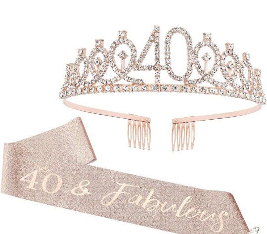 CIEHER 40th Birthday Crown 40 & Fabulous Birthday Sash Set Tiara 40th Party Attire Bling Rose Women 