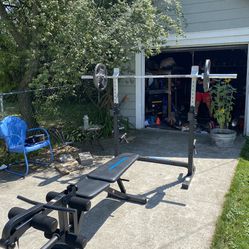 Squat rack and weights with barbells/gym equipment