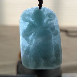 Asian carved guan yu , the god of Chinese warrior Jadite Jade pendant necklace