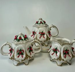 Vintage Christmas Candy Cane And Holly Tea Set