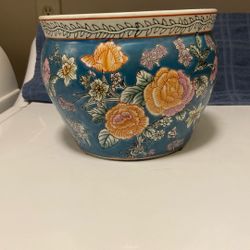 Stunning Colorful Blue Floral Glazed Ceramic Pot 