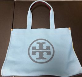 Tory Burch Ella Color-Block Canvas Tote Bag Blue Sky Mix Large 