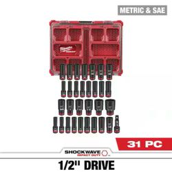 Milwaukee SHOCKWAVE Impact-Duty 1/2 in. Drive Metric and SAE Deep Well Impact PACKOUT Socket Set (31-Piece)