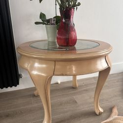 2x Solid Wood Cabriole Leg Round Corner Piece Side Table Removable Glass Coffee Table