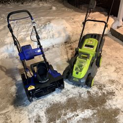 Snow Joe Cordless Snow Blower and Sun Joe Lawn Mower Set with Two Batteries and Charger Included