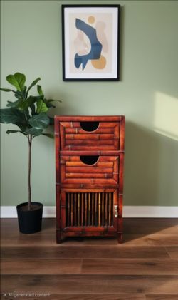 Antique Brown Wood & Bamboo Storage Cabinet w/ 2 Drawers Slatted Hinged Door 28.5"×14"×12"