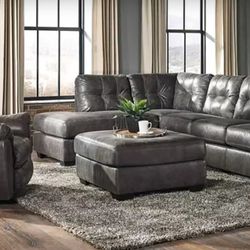 L Shaped Leather Sofa Smoke Green With Ottoman and Separate Recliner Set