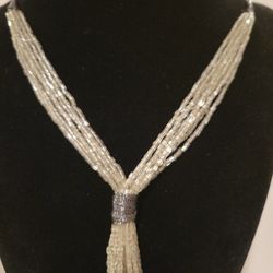 Vintage Retro Silver Glass Seed Beaded Lariat Necklace 32"+4" Extender F12