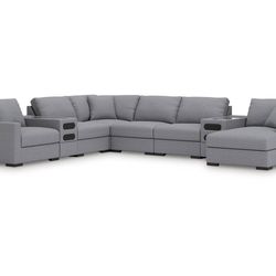 Omaha by Ashley 8-Piece Modular Next-Gen Nuvella™ Performance Fabric Double Chaise Sectional with Audio and Storage Consoles